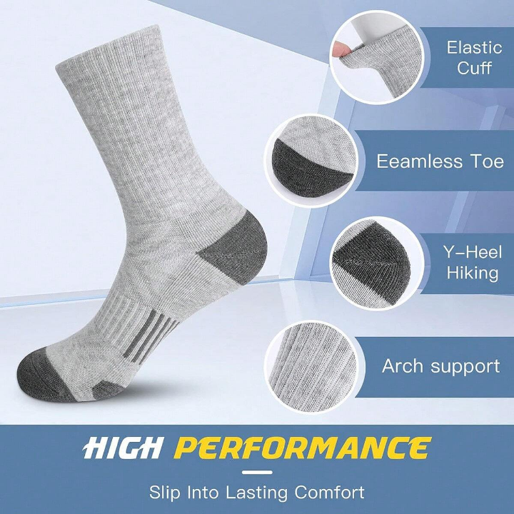 5 Pairs Men's Arch Compression Boot Athletic Sport Socks Running Hiking Breathable Crew Socks