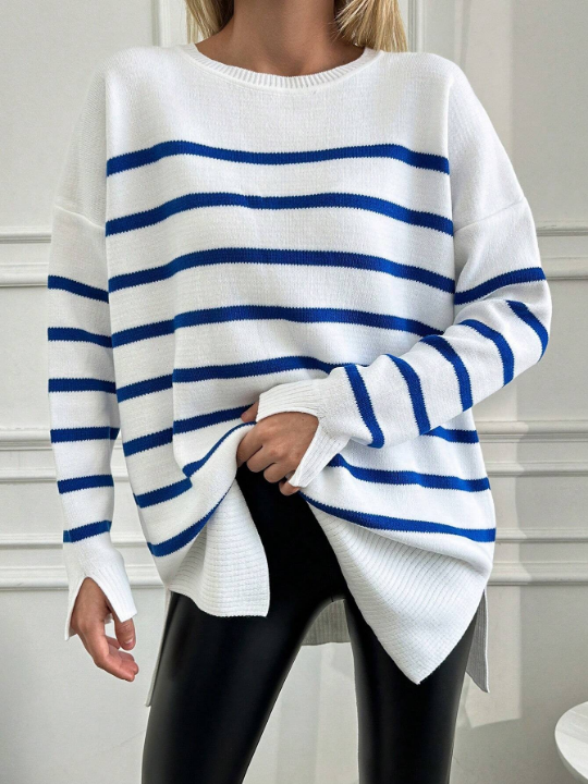 Women's Loose Stripe Drop Shoulder Pullover Sweater