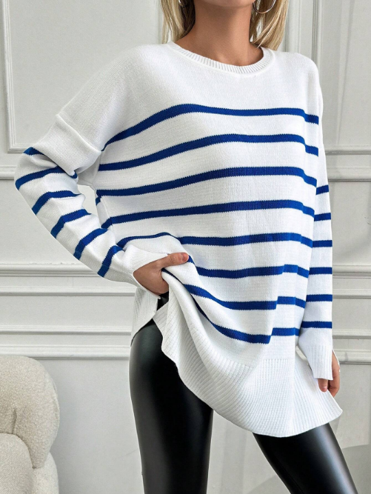 Women's Loose Stripe Drop Shoulder Pullover Sweater