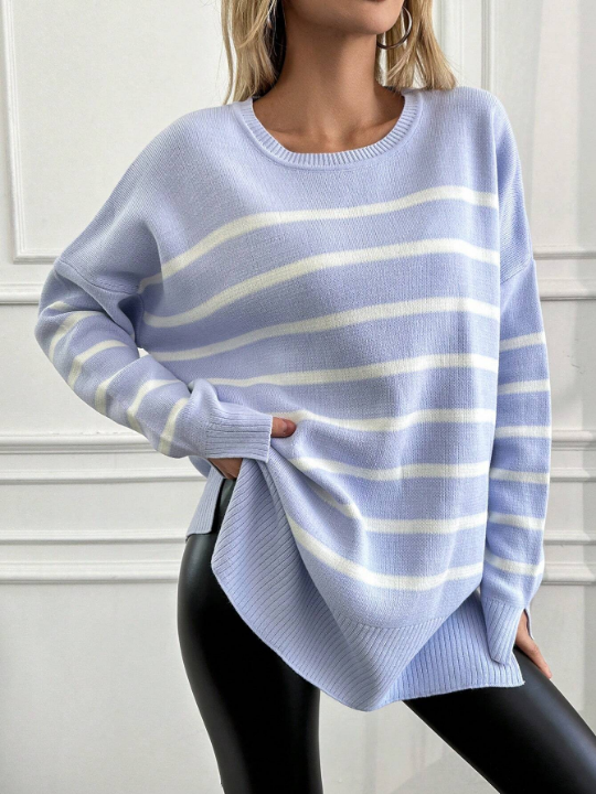 Women's Striped Loose Fit Drop Shoulder Sweater