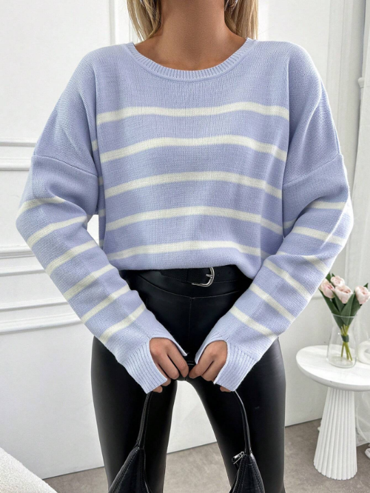 Women's Striped Loose Fit Drop Shoulder Sweater