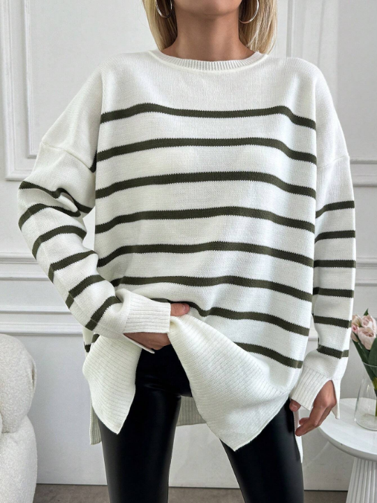 Women's Striped Loose Fit Drop Shoulder Sweater