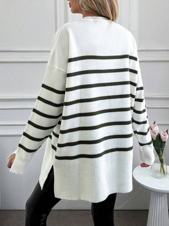 Women's Striped Loose Fit Drop Shoulder Sweater