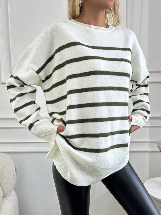 Women's Striped Loose Fit Drop Shoulder Sweater