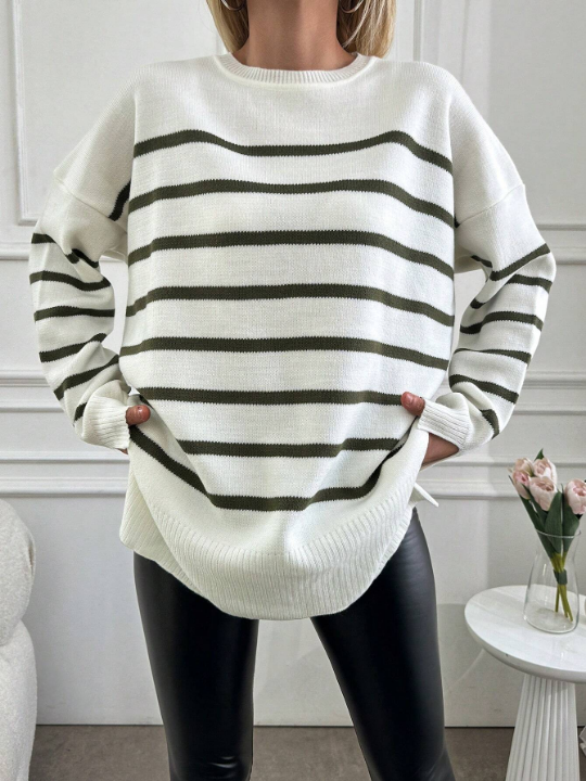 Women's Striped Loose Fit Drop Shoulder Sweater