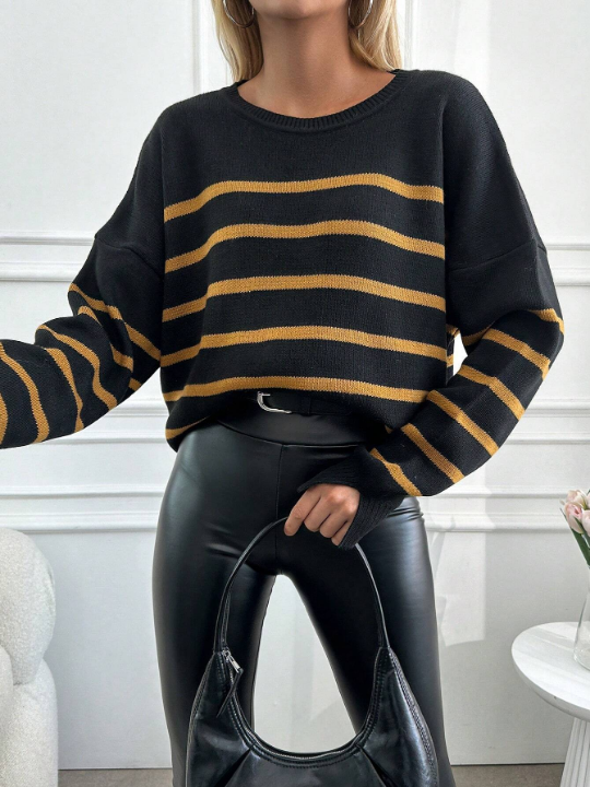 Women's Loose Fit Drop Shoulder Striped Sweater