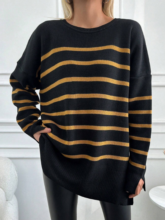 Women's Loose Fit Drop Shoulder Striped Sweater