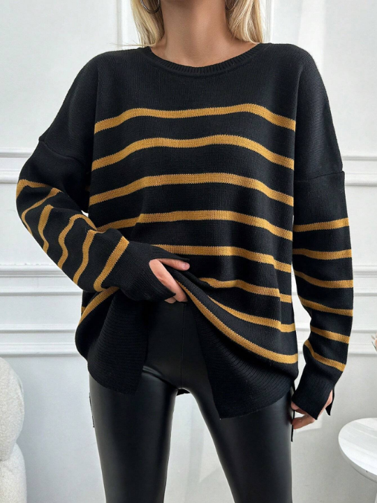 Women's Loose Fit Drop Shoulder Striped Sweater