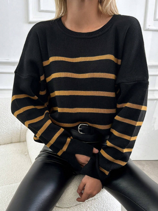 Women's Loose Fit Drop Shoulder Striped Sweater