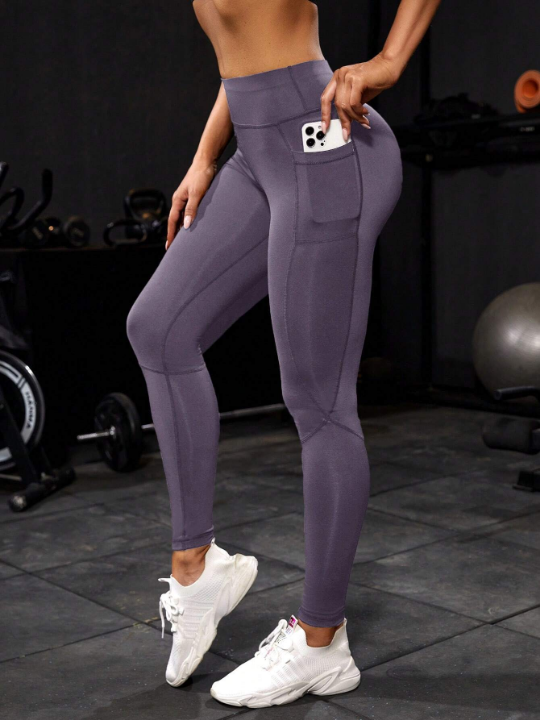 Yoga Basic Side Pocket Wide Waistband Sports Leggings With Phone Pocket