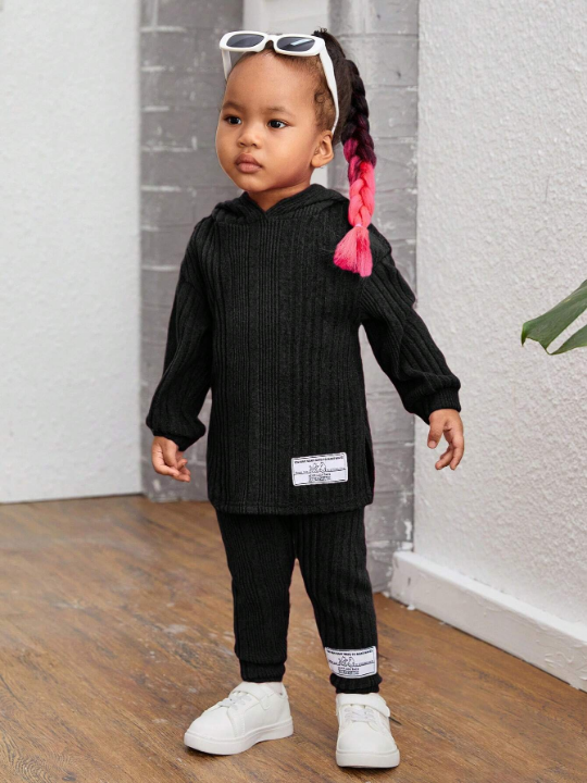 Baby Girl Casual Hooded Knitted Top And Pants Set