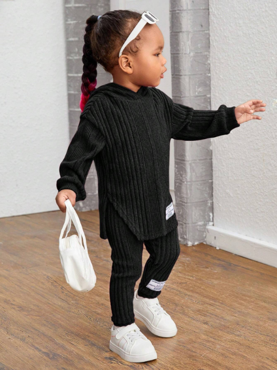 Baby Girl Casual Hooded Knitted Top And Pants Set