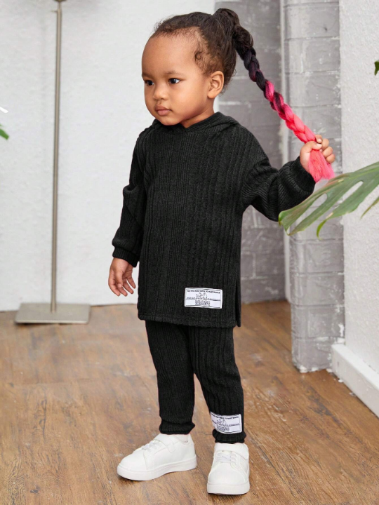 Baby Girl Casual Hooded Knitted Top And Pants Set