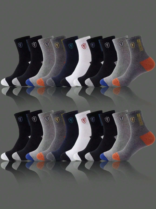 20 Pairs Random Men's Simple Casual Shield & Letter Printed Mid-Calf Socks