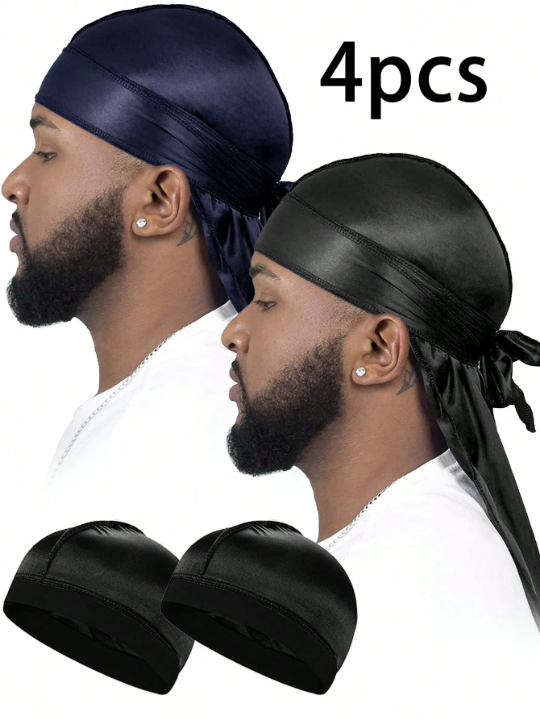 4pcs Men's Monochrome Elastic Band Fashionable Pirate Hat & Turbans & Breathable Casual Comfortable Watermelon Hat Set