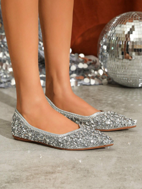 Women's Flat Soft Comfortable Fashionable Sparkling Rhinestone Shoes, Suitable For Parties And Banquets