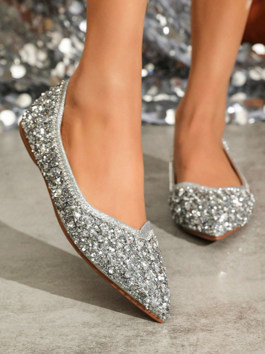 Women's Flat Soft Comfortable Fashionable Sparkling Rhinestone Shoes, Suitable For Parties And Banquets