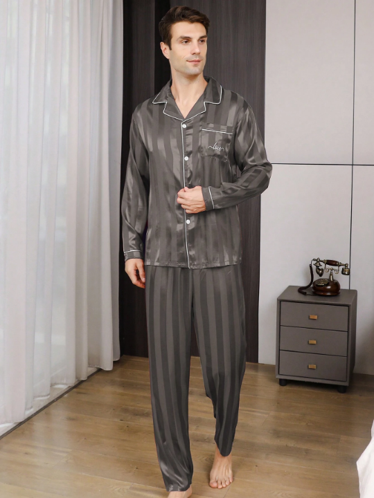 2pcs/Set Men's Thin Striped Letter Embroidery Ice Silk Long Sleeve Top And Pants Pajama Set For Spring And Autumn