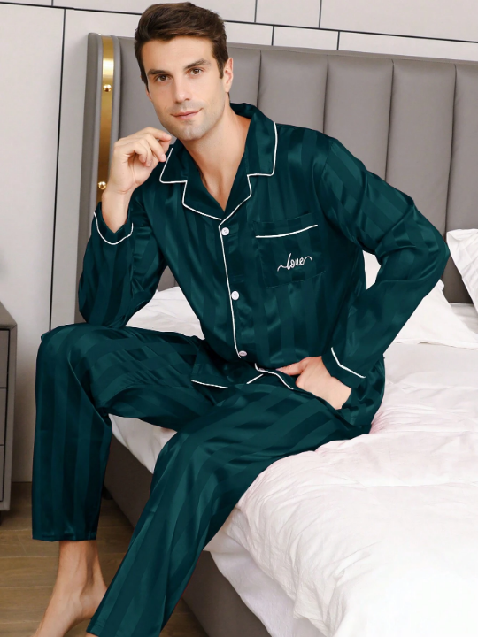 2pcs/Set Men's Ice Silk Striped Sleepwear, Spring And Autumn Thin Pajama Set With Letter Embroidery