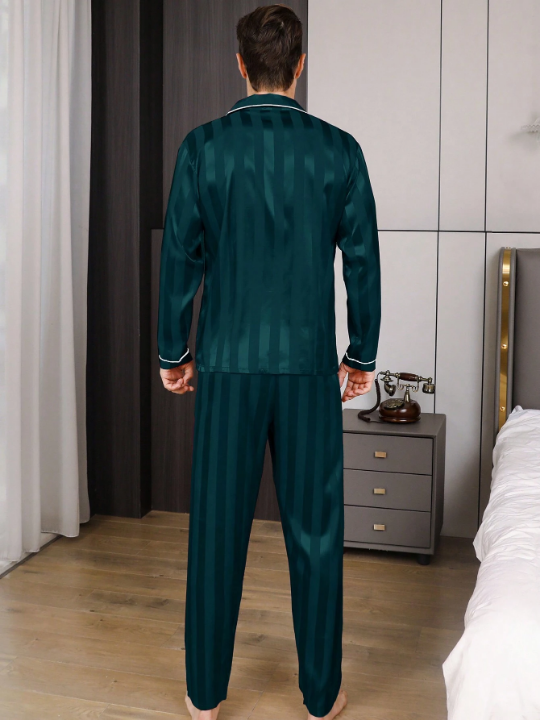 2pcs/Set Men's Ice Silk Striped Sleepwear, Spring And Autumn Thin Pajama Set With Letter Embroidery