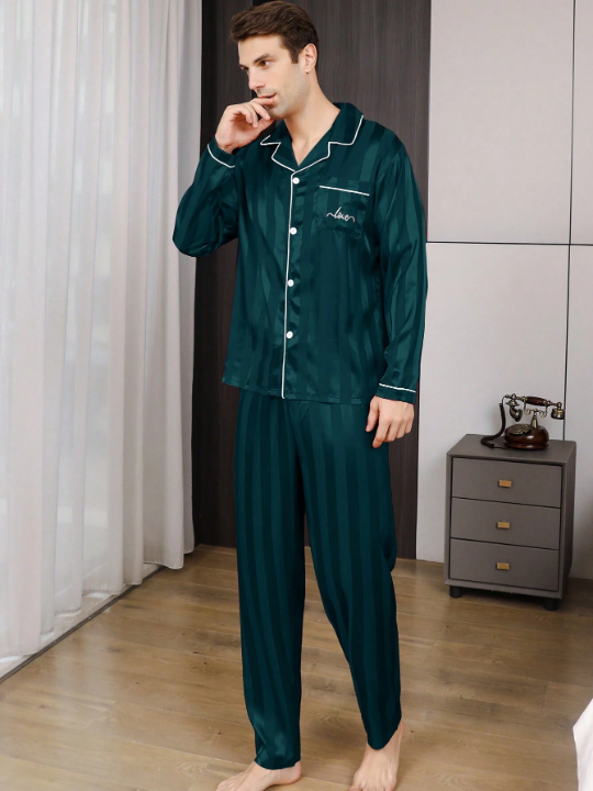 2pcs/Set Men's Ice Silk Striped Sleepwear, Spring And Autumn Thin Pajama Set With Letter Embroidery