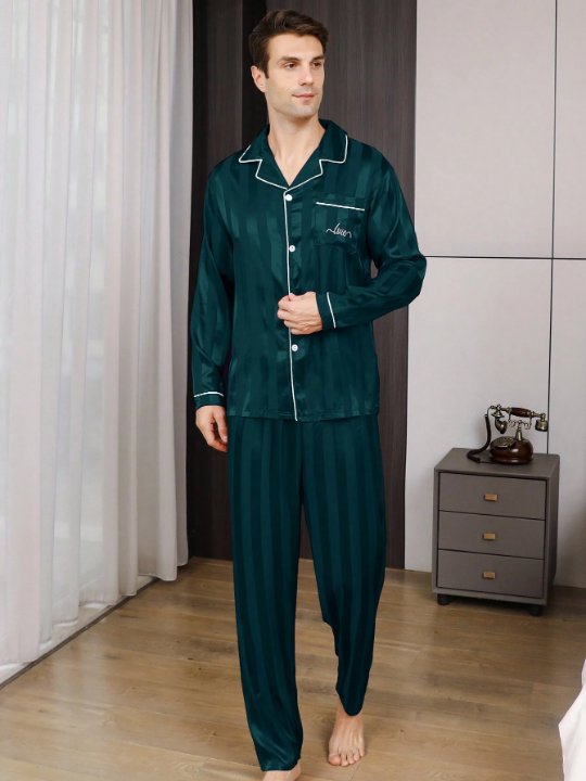 2pcs/Set Men's Ice Silk Striped Sleepwear, Spring And Autumn Thin Pajama Set With Letter Embroidery