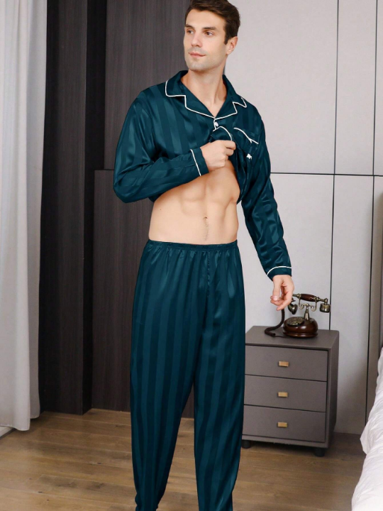 2pcs/Set Men's Ice Silk Striped Sleepwear, Spring And Autumn Thin Pajama Set With Letter Embroidery