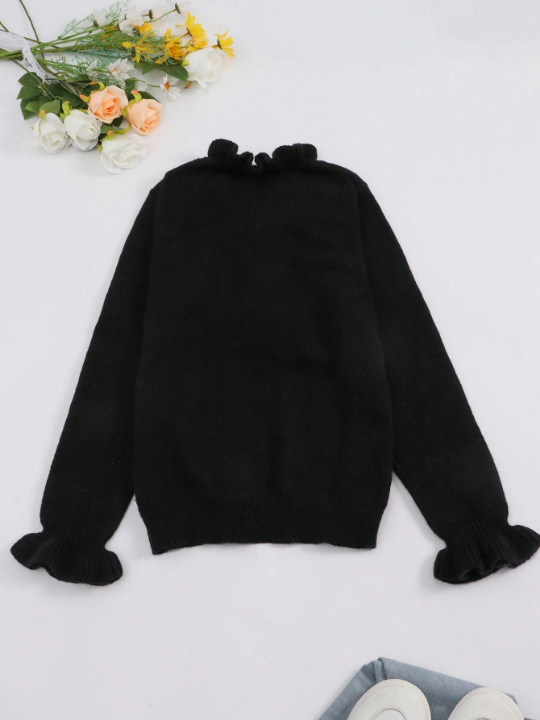 Women's Stylish Solid Color Elegant & Comfortable V-Neck Sweater With Frill Trims On Sleeves For Autumn, Winter