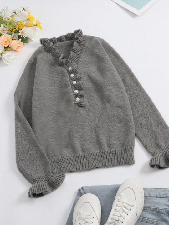 Women's Fall/Winter Fashionable Solid Color Elegant And Comfortable Long Sleeve V-Neck Sweater With Frill Details