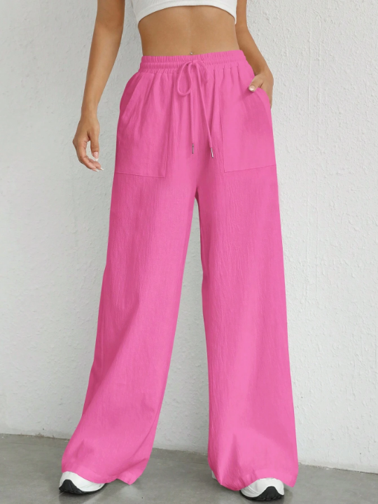 EZwear Solid Color Drawstring Waist Woven Trousers