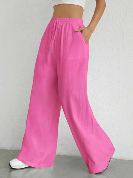 EZwear Solid Color Drawstring Waist Woven Trousers