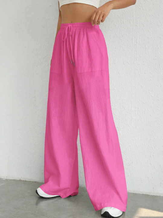 EZwear Solid Color Drawstring Waist Woven Trousers