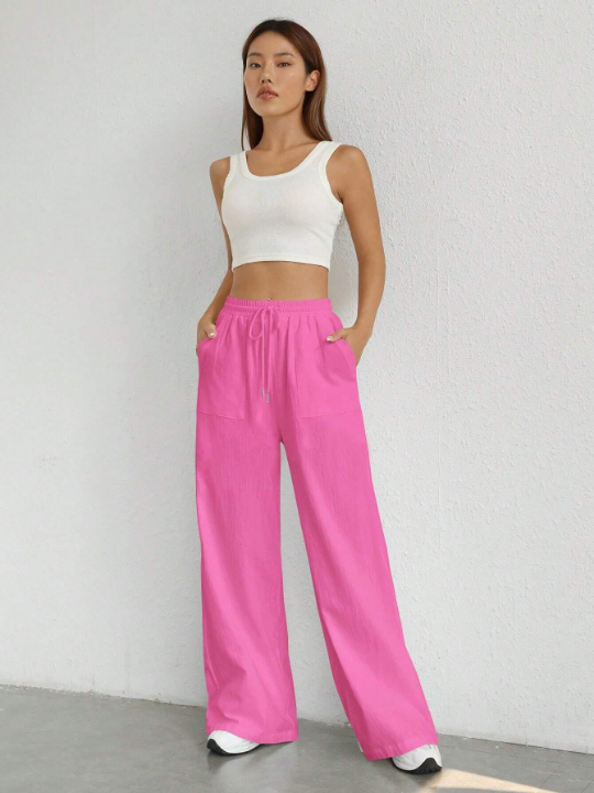 EZwear Solid Color Drawstring Waist Woven Trousers