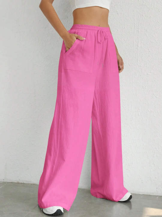 EZwear Solid Color Drawstring Waist Woven Trousers