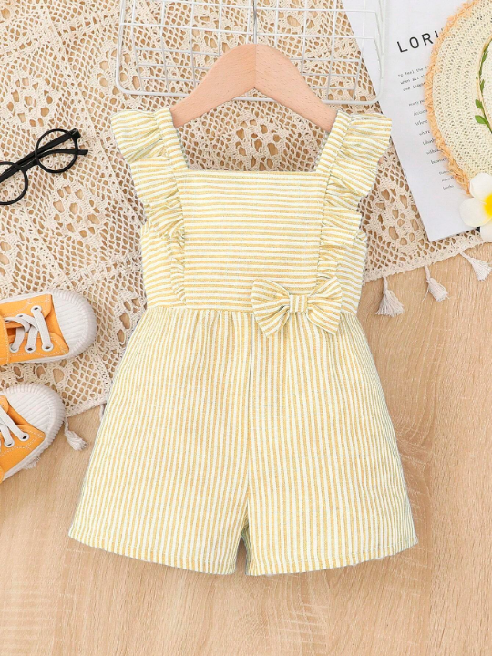 Baby Girl Casual Striped Romper With Bowknot On Front