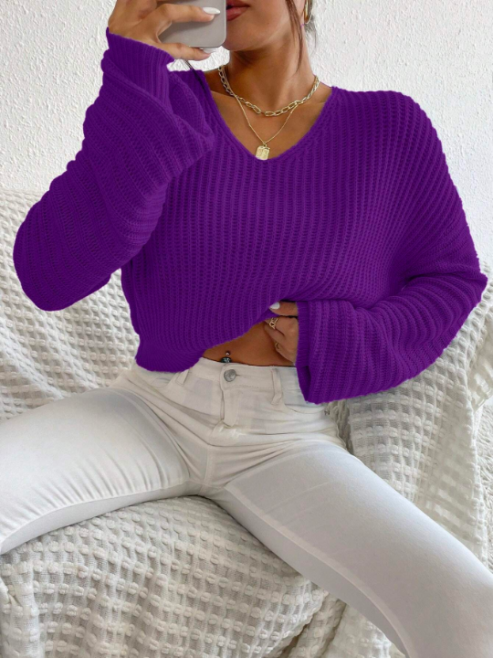 Essnce Solid Color Batwing Sleeve Pullover Sweater