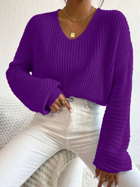 Essnce Solid Color Batwing Sleeve Pullover Sweater