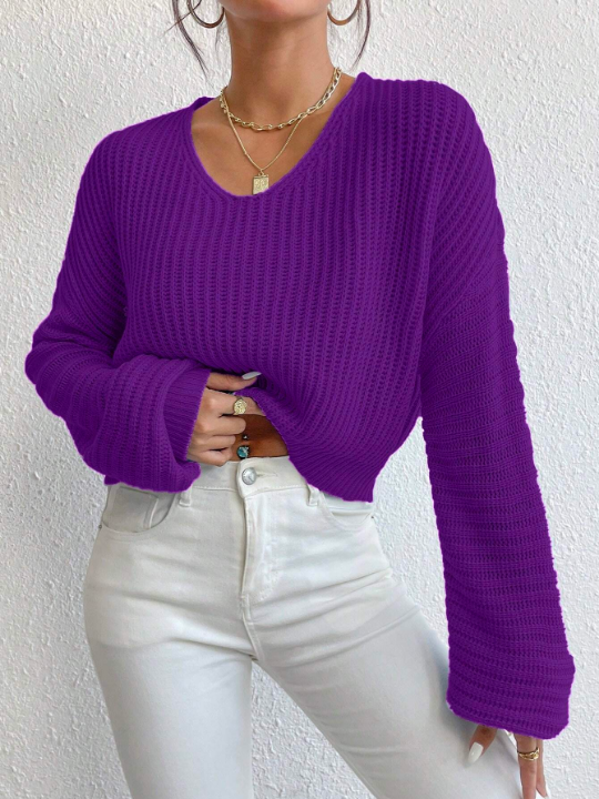 Essnce Solid Color Batwing Sleeve Pullover Sweater