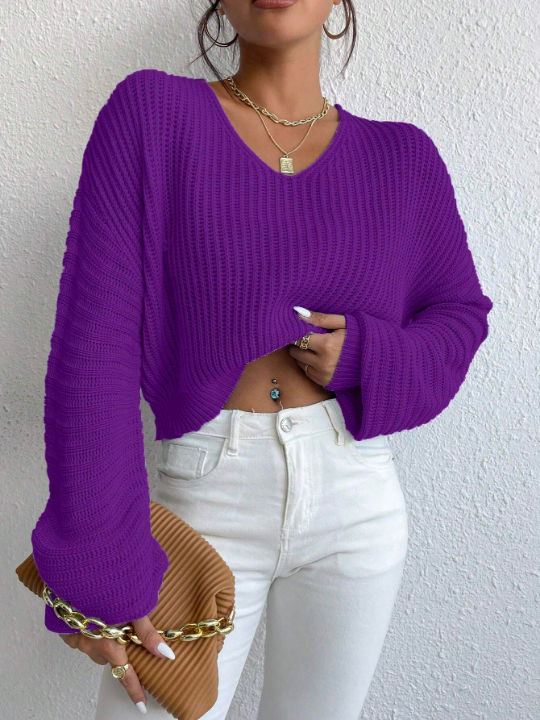 Essnce Solid Color Batwing Sleeve Pullover Sweater