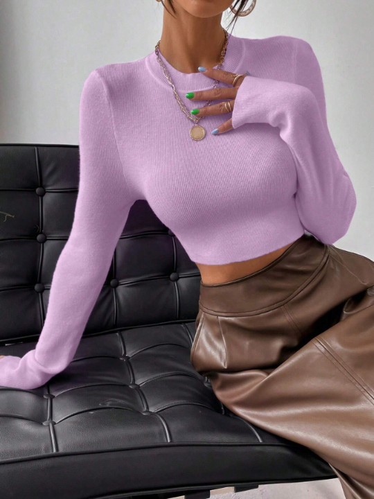 Frenchy Solid Color Slim Fit Crop Top Sweater