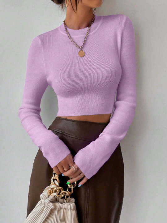 Frenchy Solid Color Slim Fit Crop Top Sweater