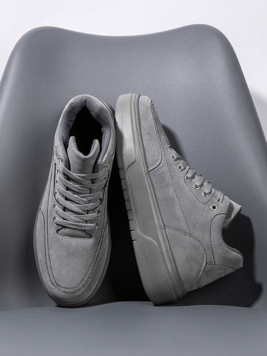 Men'S Solid Gray Front Lace-Up Skate Shoes, Minimalist Style Circular Toe Thick Platform Sports Shoes With Patchwork Detail And Elevated Heel