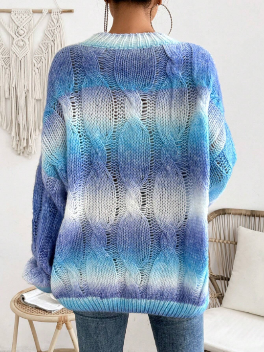 LUNE Gradient Hollow Out Knit Sweater With Round Neck And Dropped Shoulders