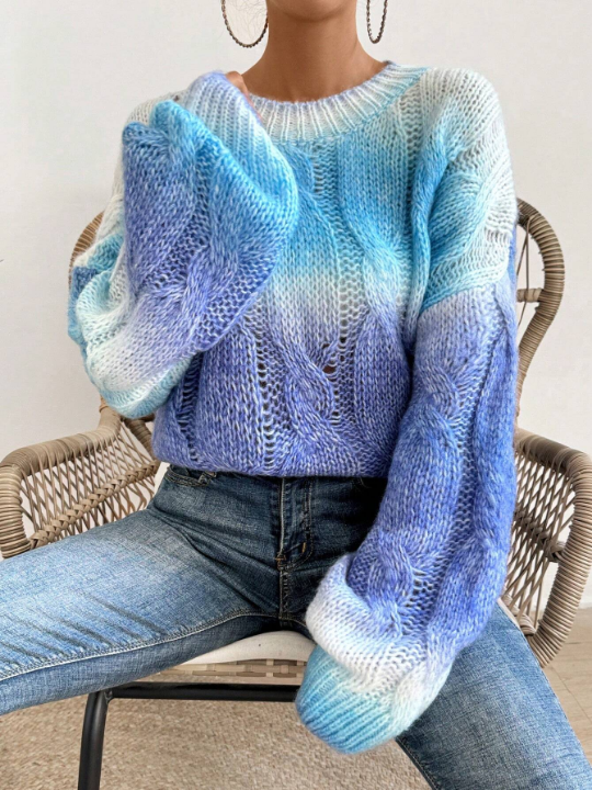 LUNE Gradient Hollow Out Knit Sweater With Round Neck And Dropped Shoulders