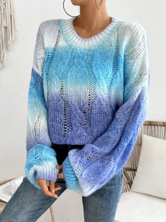 LUNE Gradient Hollow Out Knit Sweater With Round Neck And Dropped Shoulders