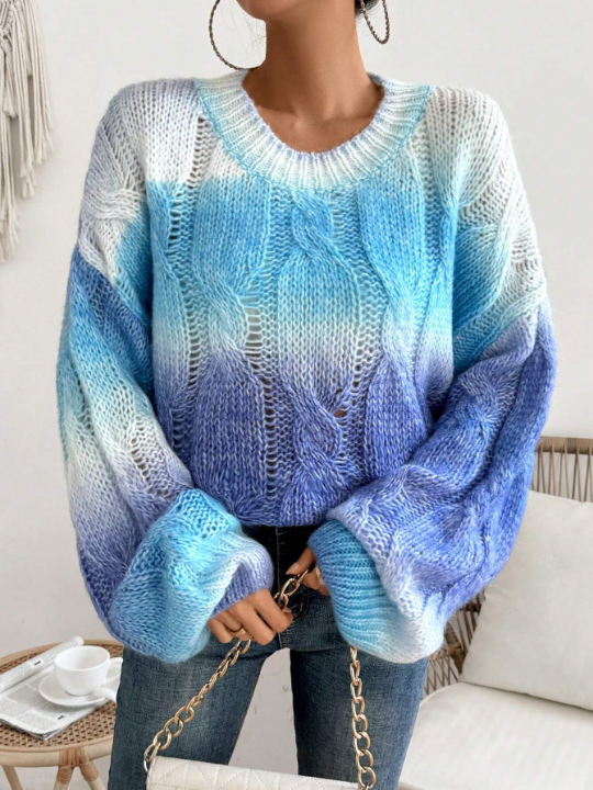 LUNE Gradient Hollow Out Knit Sweater With Round Neck And Dropped Shoulders