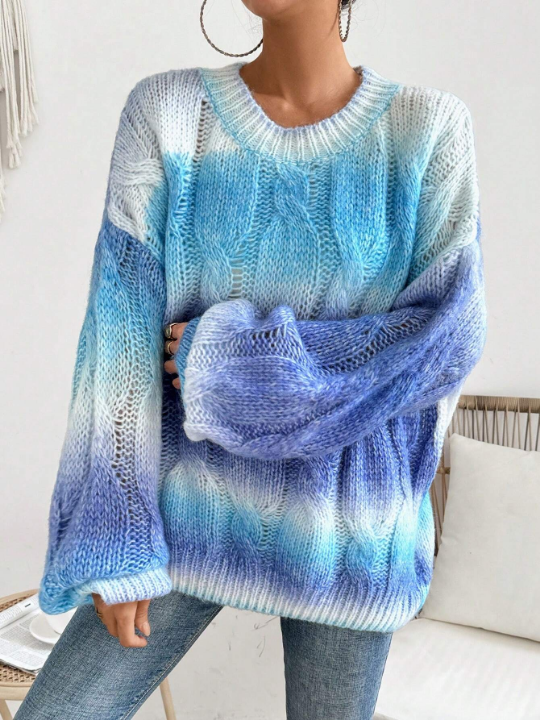 LUNE Gradient Hollow Out Knit Sweater With Round Neck And Dropped Shoulders