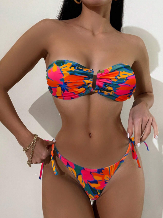 Women's Floral Printed Strapless Ruched Bikini Set With Separable Bottom Carnival