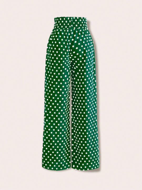 Priv Women's Polka Dot Shirred Waist Wide Leg Pants