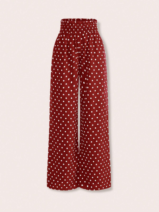 Priv Women's Polka Dot Shirred Waisted Wide Leg Pants